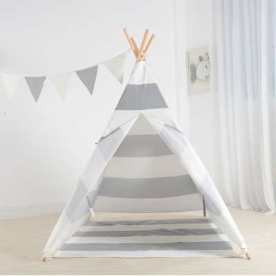 Custom Size Glamping Natural Kids Teepee Tent- 100% Cotton Canvas Gray Stripe